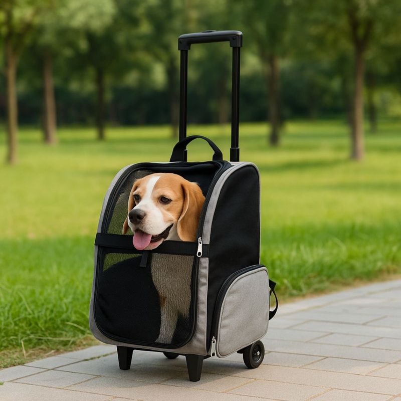 Petshop - Accesorii petshop - Culcusuri si custi - Genti si articole transport - Carucior / Troler cu rucsac transport animale mici, 35x32 cm, max. 105 cm, cu roti si maner extensibil, gri - Infinity.ro