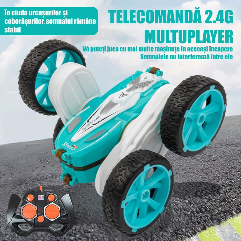 Jucarii, Copii si Bebe - Jucarii si jocuri - Vehicule si jucarii cu telecomanda - Masinute - Masina cu telecomanda RC copii Linomag®, 4WD, off-road, cascadorii 360°/180°, lumini, sunete, 4-12 ani, Turcoaz - Infinity.ro