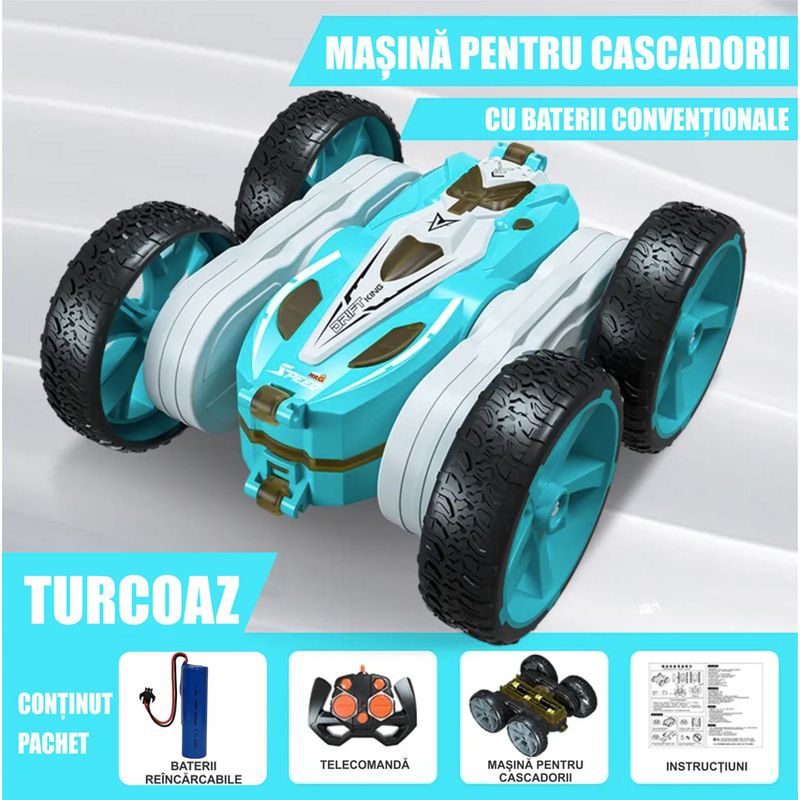 Jucarii, Copii si Bebe - Jucarii si jocuri - Vehicule si jucarii cu telecomanda - Masinute - Masina cu telecomanda RC copii Linomag®, 4WD, off-road, cascadorii 360°/180°, lumini, sunete, 4-12 ani, Turcoaz - Infinity.ro