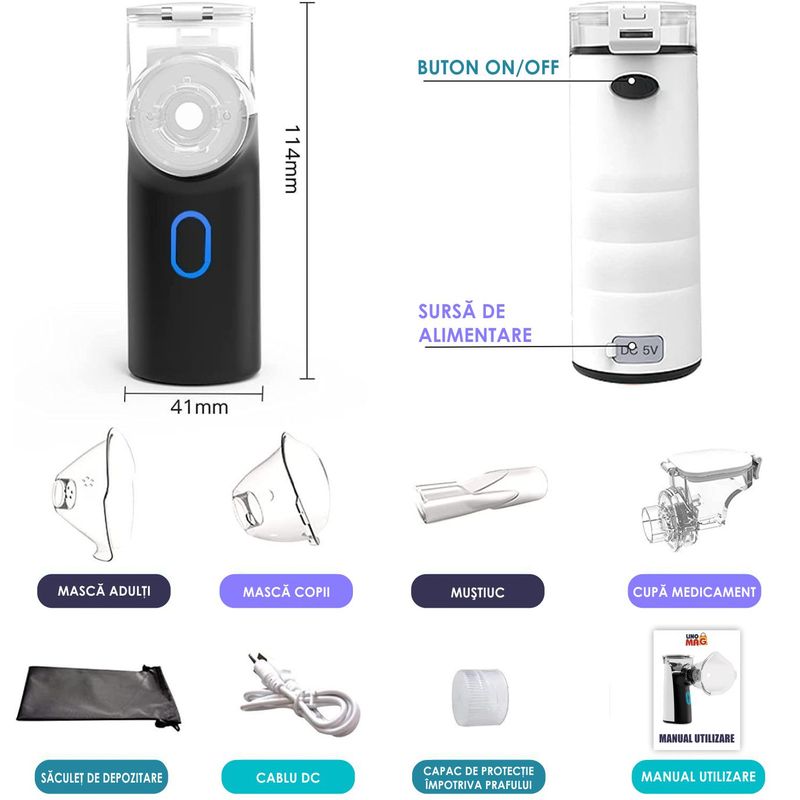 Jucarii, Copii si Bebe - Igiena si ingrijire - Accesorii ingrijire copii - Aparate aerosoli copii - Aparat Aerosoli Profesional Linomag®, Masca Copii si Adulti,  Tehnologie Dual-Wave, Autocuratare, Silentios, Negru - Infinity.ro