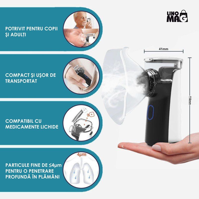 Jucarii, Copii si Bebe - Igiena si ingrijire - Accesorii ingrijire copii - Aparate aerosoli copii - Aparat Aerosoli Profesional Linomag®, Masca Copii si Adulti,  Tehnologie Dual-Wave, Autocuratare, Silentios, Negru - Infinity.ro