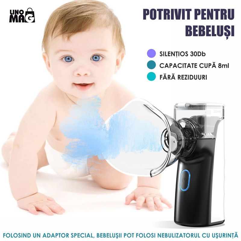 Jucarii, Copii si Bebe - Igiena si ingrijire - Accesorii ingrijire copii - Aparate aerosoli copii - Aparat Aerosoli Profesional Linomag®, Masca Copii si Adulti,  Tehnologie Dual-Wave, Autocuratare, Silentios, Negru - Infinity.ro