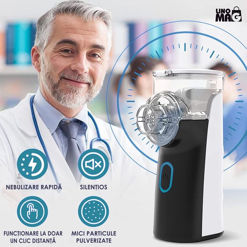 Jucarii, Copii si Bebe - Igiena si ingrijire - Accesorii ingrijire copii - Aparate aerosoli copii - Aparat Aerosoli Profesional Linomag®, Masca Copii si Adulti,  Tehnologie Dual-Wave, Autocuratare, Silentios, Negru - Infinity.ro