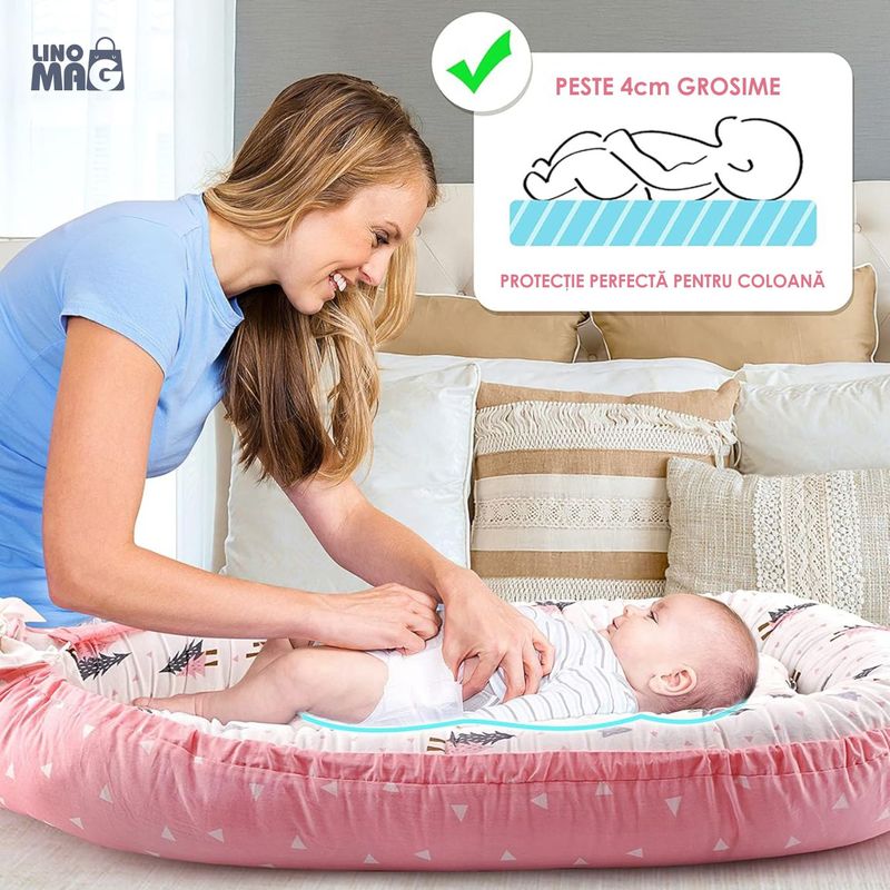 Casa si Gradina - Mobilier - Mobilier copii - Saltele patut copii - Cosulet Bebelusi pentru Dormit tip Baby Nest, Linomag®, cu Doua Fete, 0-24 Luni, 90x55cm, Husa Bumbac, Alb/Roz - Infinity.ro