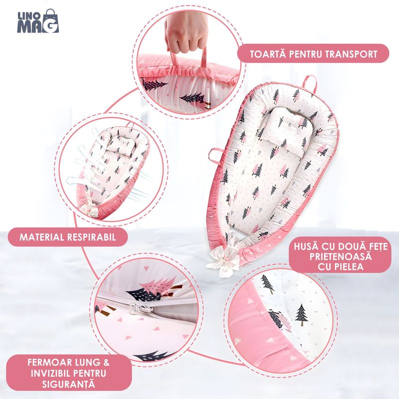 Casa si Gradina - Mobilier - Mobilier copii - Saltele patut copii - Cosulet Bebelusi pentru Dormit tip Baby Nest, Linomag®, cu Doua Fete, 0-24 Luni, 90x55cm, Husa Bumbac, Alb/Roz - Infinity.ro