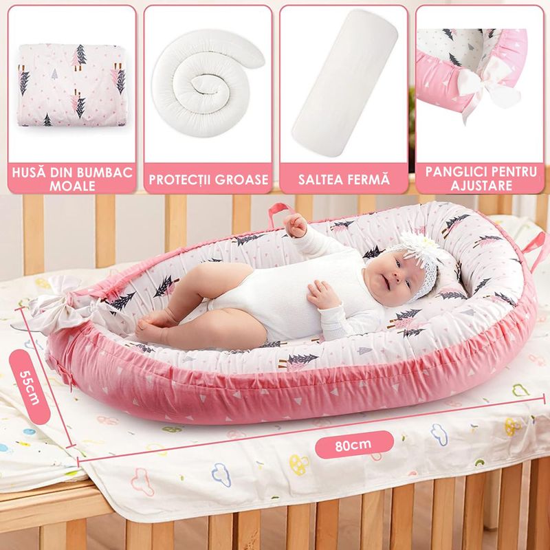 Casa si Gradina - Mobilier - Mobilier copii - Saltele patut copii - Cosulet Bebelusi pentru Dormit tip Baby Nest, Linomag®, cu Doua Fete, 0-24 Luni, 90x55cm, Husa Bumbac, Alb/Roz - Infinity.ro