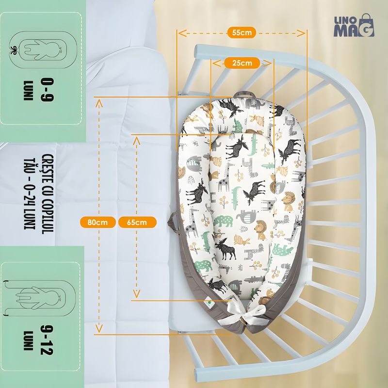 Casa si Gradina - Mobilier - Mobilier copii - Saltele patut copii - Cosulet Bebelusi pentru Dormit tip Baby Nest, Linomag®, cu Doua Fete, 0-24 Luni, 90x55cm, Husa Bumbac, Alb/Gri Bej - Infinity.ro