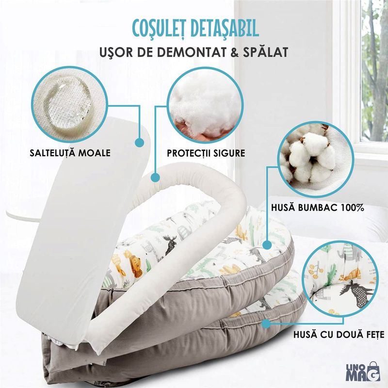 Casa si Gradina - Mobilier - Mobilier copii - Saltele patut copii - Cosulet Bebelusi pentru Dormit tip Baby Nest, Linomag®, cu Doua Fete, 0-24 Luni, 90x55cm, Husa Bumbac, Alb/Gri Bej - Infinity.ro