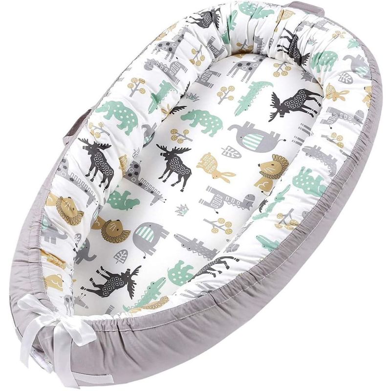 Casa si Gradina - Mobilier - Mobilier copii - Saltele patut copii - Cosulet Bebelusi pentru Dormit tip Baby Nest, Linomag®, cu Doua Fete, 0-24 Luni, 90x55cm, Husa Bumbac, Alb/Gri Bej - Infinity.ro