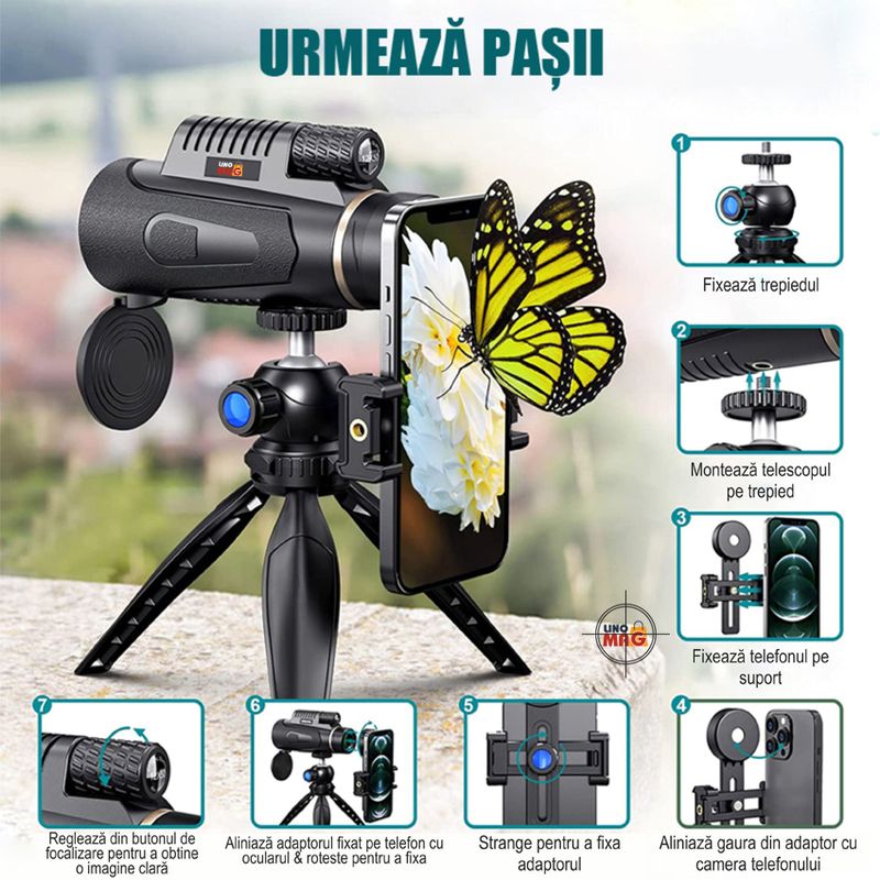 TV, Audio-Video si Foto - Optica, astronomie si metrologie - Optica si astronomie - Binocluri & lunete - Monoclu Telescop profesional HD 12x50 Linomag®, BaK-4, dual focus, suport telefon, trepied, vedere zi/seara, waterproof - Infinity.ro