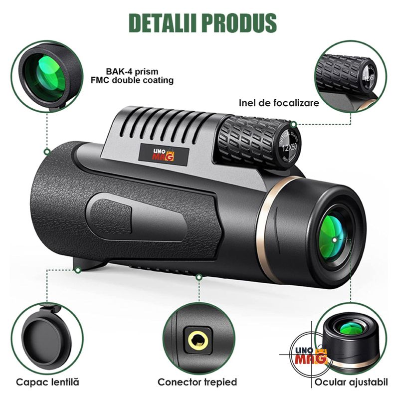 TV, Audio-Video si Foto - Optica, astronomie si metrologie - Optica si astronomie - Binocluri & lunete - Monoclu Telescop profesional HD 12x50 Linomag®, BaK-4, dual focus, suport telefon, trepied, vedere zi/seara, waterproof - Infinity.ro