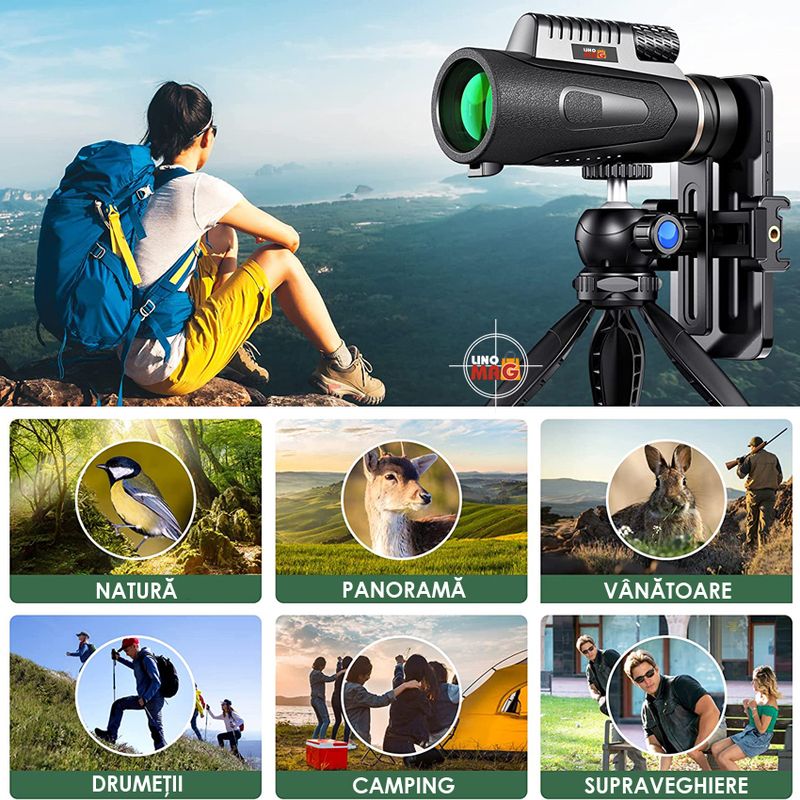 TV, Audio-Video si Foto - Optica, astronomie si metrologie - Optica si astronomie - Binocluri & lunete - Monoclu Telescop profesional HD 12x50 Linomag®, BaK-4, dual focus, suport telefon, trepied, vedere zi/seara, waterproof - Infinity.ro