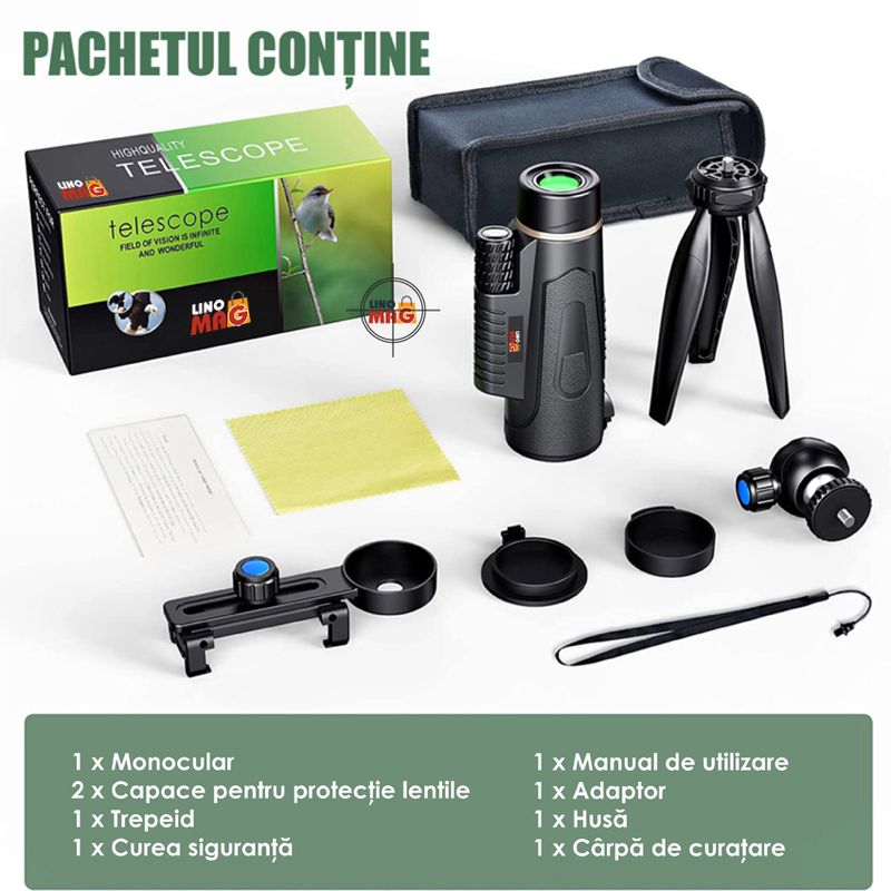 TV, Audio-Video si Foto - Optica, astronomie si metrologie - Optica si astronomie - Binocluri & lunete - Monoclu Telescop profesional HD 12x50 Linomag®, BaK-4, dual focus, suport telefon, trepied, vedere zi/seara, waterproof - Infinity.ro