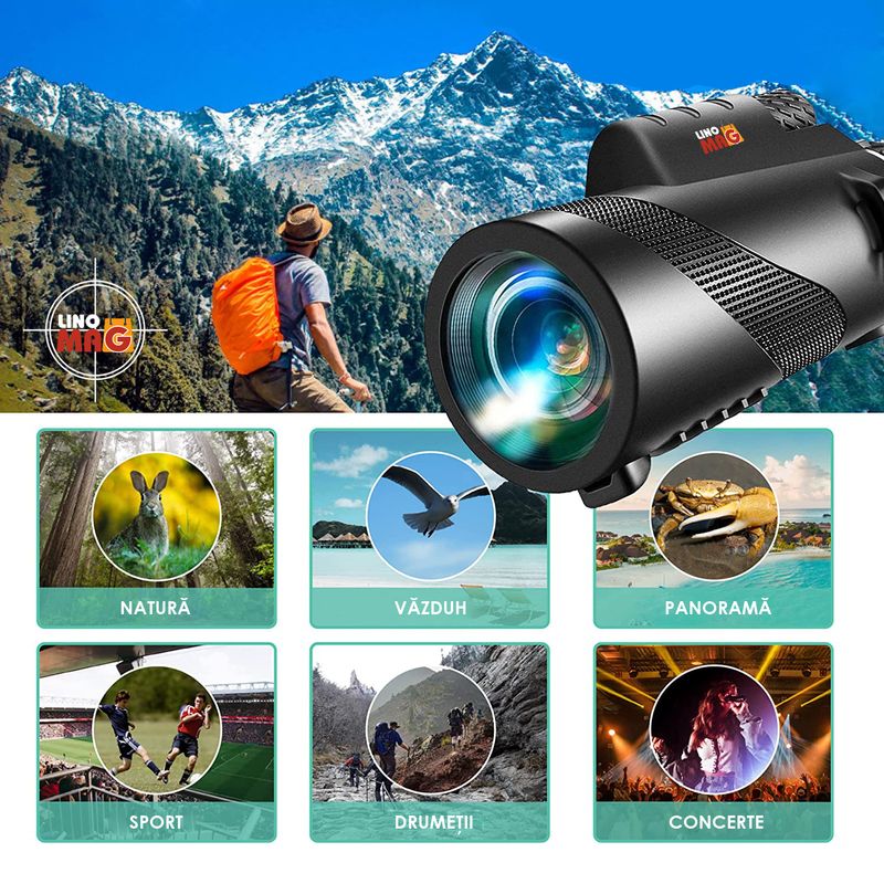 TV, Audio-Video si Foto - Optica, astronomie si metrologie - Optica si astronomie - Binocluri & lunete - Monoclu Telescop Profesional HD 50x60 Linomag®, BaK-4, dual focus, suport telefon, trepied, zi/seara, waterproof - Infinity.ro
