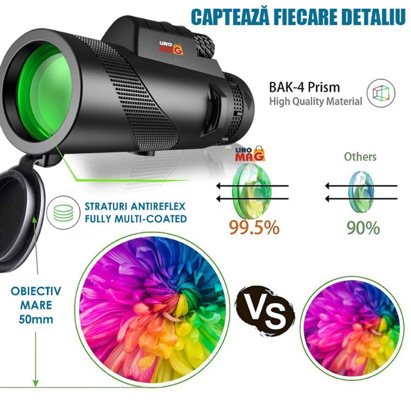 TV, Audio-Video si Foto - Optica, astronomie si metrologie - Optica si astronomie - Binocluri & lunete - Monoclu Telescop Profesional HD 50x60 Linomag®, BaK-4, dual focus, suport telefon, trepied, zi/seara, waterproof - Infinity.ro