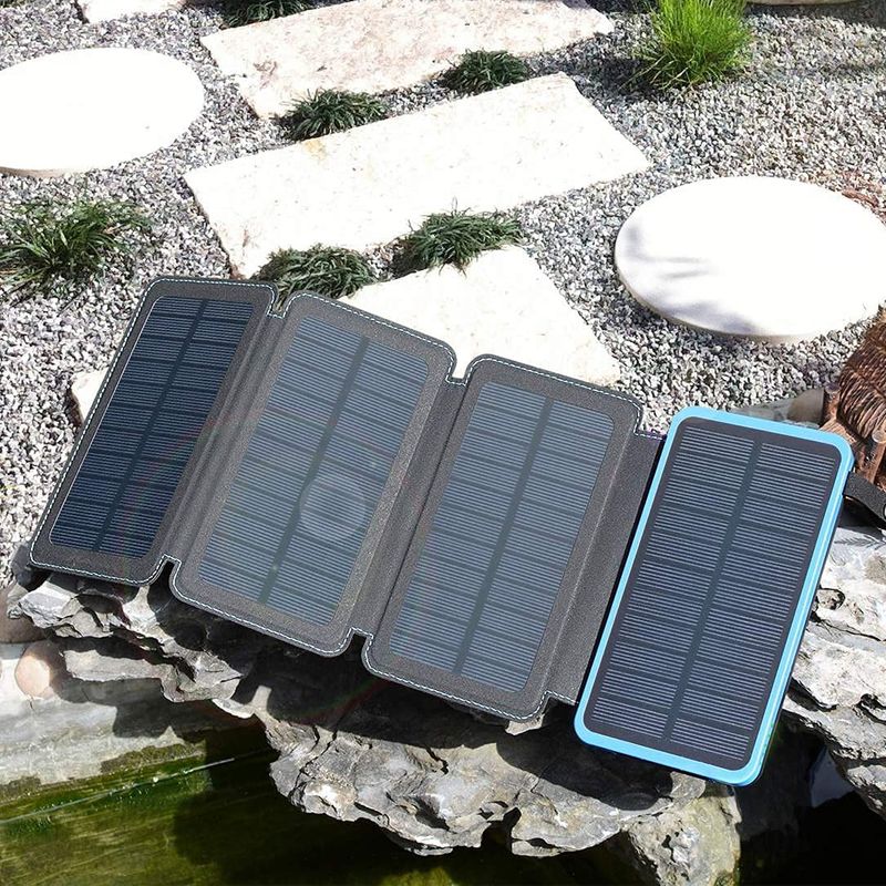 Casa si Gradina - Electrice - Accesorii electrice - Baterii, acumulatori si incarcatoare - Baterie Externa Solara, Power Bank 20 000 mAh, Waterproof, 4 Panouri, Albastru - Infinity.ro