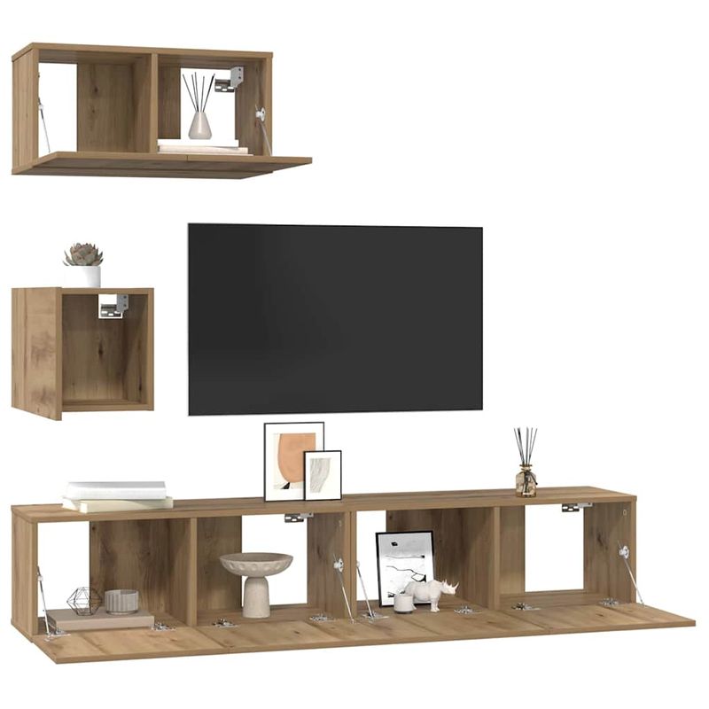 Casa si Gradina - Mobilier - Comode si corpuri - Comode - Set comoda TV cu raft Pe perete cu depozitare cu usa 4 pcs stejar artizanal - Infinity.ro