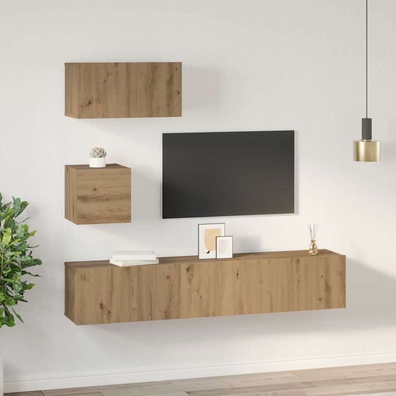 Casa si Gradina - Mobilier - Comode si corpuri - Comode - Set comoda TV cu raft Pe perete cu depozitare cu usa 4 pcs stejar artizanal - Infinity.ro