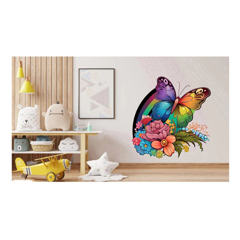 Casa si Gradina - Decoratiuni - Stickere decorative - Sticker decorativ, Fluture, Curcubeu si Flori, Multicolor, 68 cm, 1210STK-1 - Infinity.ro