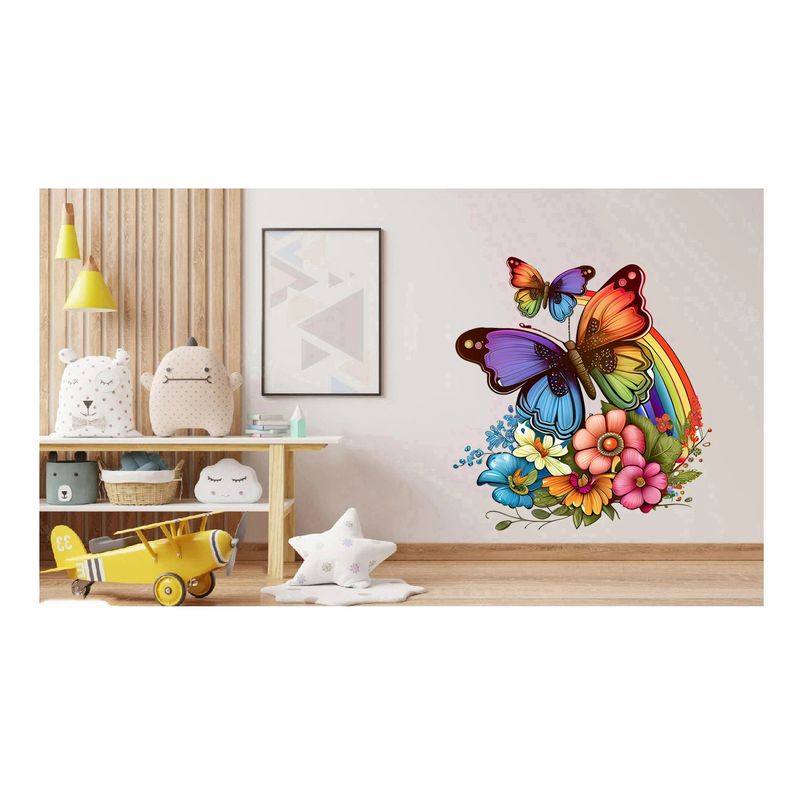 Casa si Gradina - Decoratiuni - Stickere decorative - Sticker decorativ, Fluture, Curcubeu si Flori, Multicolor, 68 cm, 1210STK - Infinity.ro