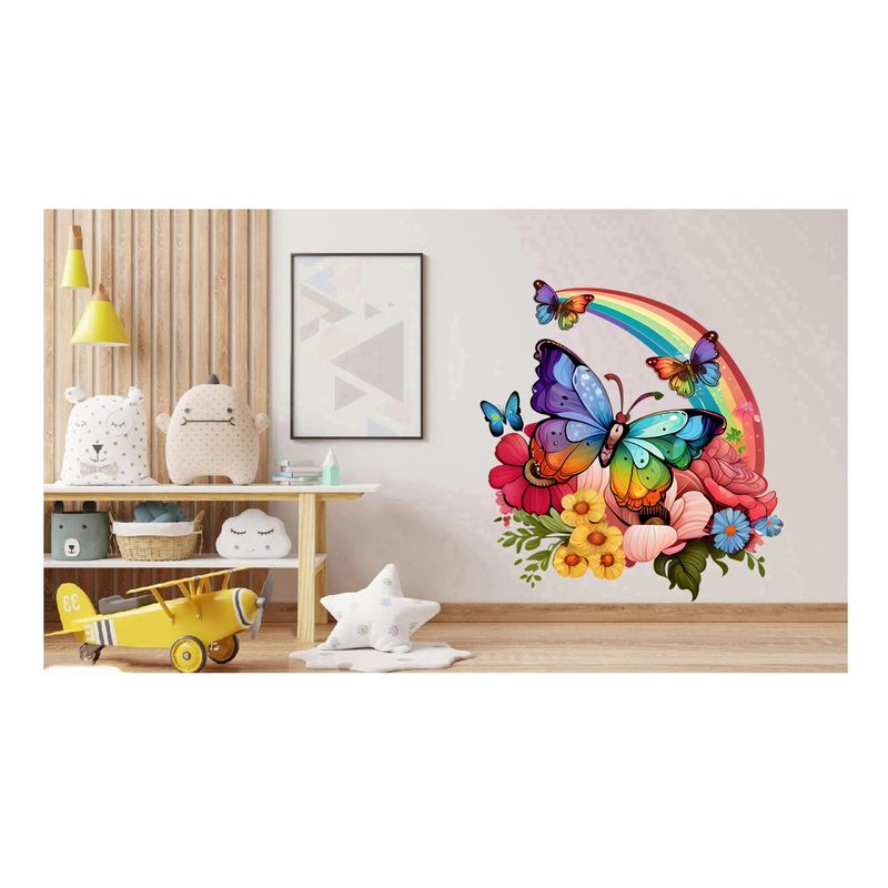 Casa si Gradina - Decoratiuni - Stickere decorative - Sticker decorativ, Fluture, Curcubeu si Flori, Multicolor, 68 cm, 1210STK-3 - Infinity.ro