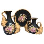 Casa si Gradina - Decoratiuni - Obiecte decorative - Vaze si boluri decorative - Set 2 vaze decorative si farfurie din ceramica, Flori si Elefanti, Negru, 445H - Infinity.ro