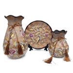 Casa si Gradina - Decoratiuni - Obiecte decorative - Vaze si boluri decorative - Set 2 vaze decorative si farfurie din ceramica, Flori, Maro, 468G-1 - Infinity.ro