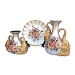 Casa si Gradina - Decoratiuni - Obiecte decorative - Vaze si boluri decorative - Set 2 vaze decorative si farfurie din ceramica, Flori si Elefanti, Alb, 445H-1 - Infinity.ro