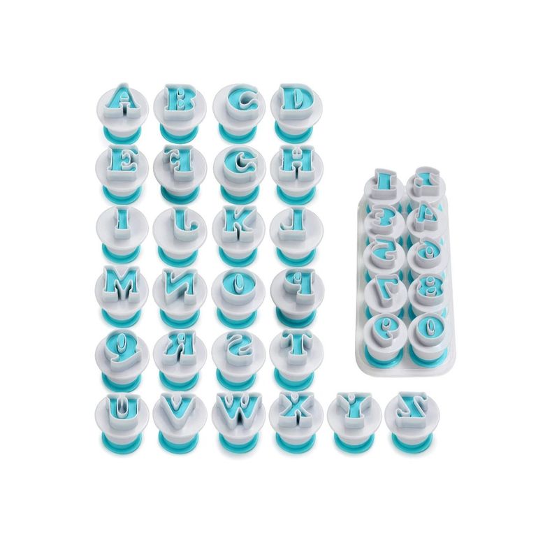 Casa si Gradina - Bucatarie si vesela - Ustensile bucatarie - Forme prajituri - Set decupatoare Alfabet si cifre cu ejector,majuscule mari, 36 de piese, pentru cofetarie si patiserie, Alb, 287COF - Infinity.ro