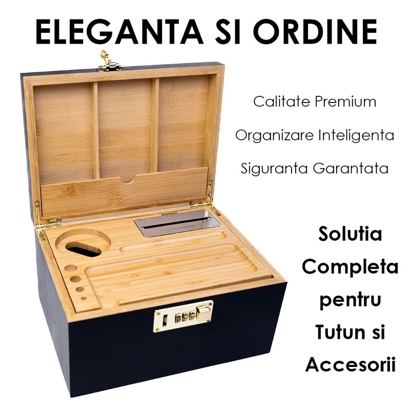 Market - Tutun si tigari - Articole si accesorii tutun - Organizator din Bambus, Cutie Tutun cu Cifru si Accesorii (grinder, recipiente, pensula, tuburi, tava de rulat) - Infinity.ro