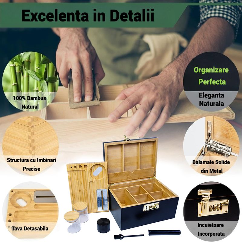 Market - Tutun si tigari - Articole si accesorii tutun - Organizator din Bambus, Cutie Tutun cu Cifru si Accesorii (grinder, recipiente, pensula, tuburi, tava de rulat) - Infinity.ro