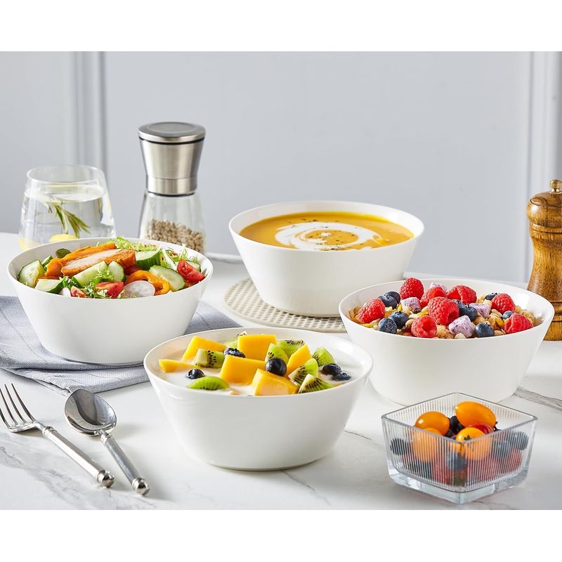 Casa si Gradina - Bucatarie si vesela - Vesela si tacamuri - Farfurii si boluri - Set 4 boluri portelan, alb, 1000ml, boluri mari supa, paste, salata, cereale, rezistente, cu design modern - Infinity.ro