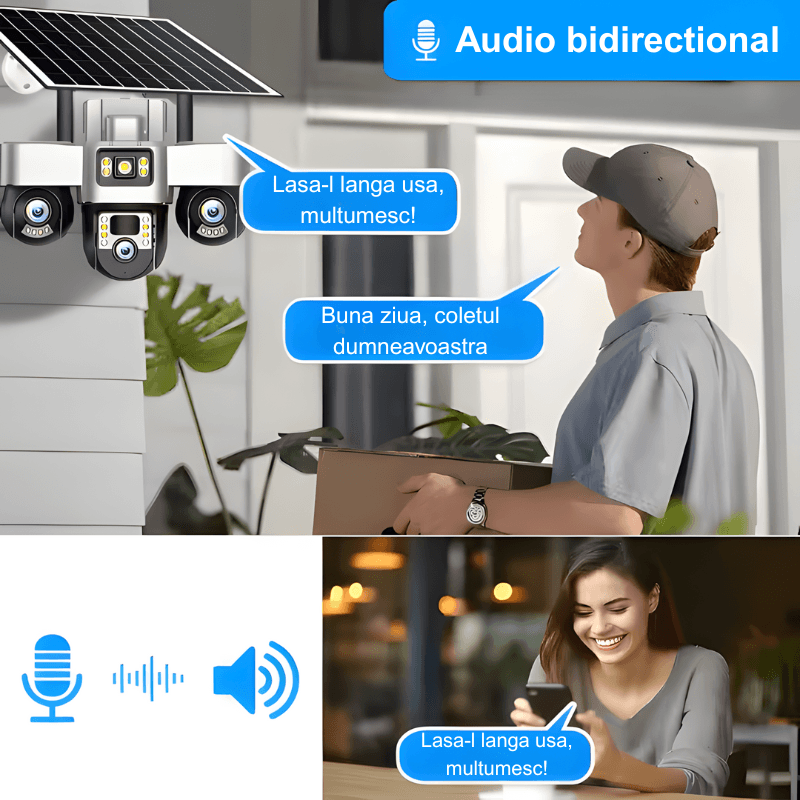 Casa si Gradina - Electrice - Smart Home - Camere de supraveghere - Camera de supraveghere tripla MaGeCa cu panou solar, Cartela SIM, 4G, 18MP Full HD, 3 zone supravegheate simultan - Infinity.ro