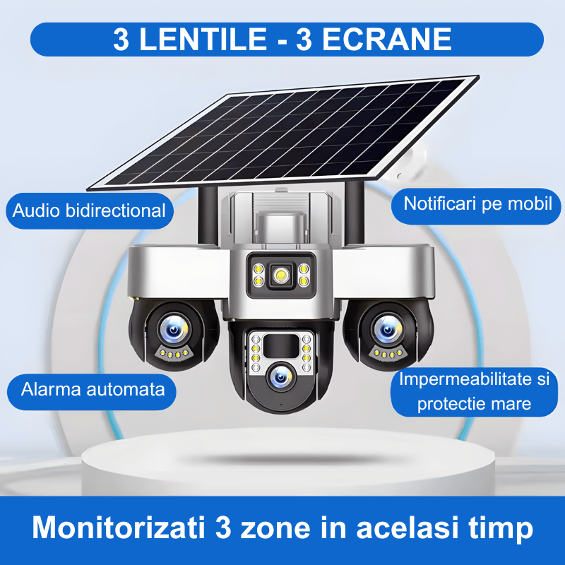 Casa si Gradina - Electrice - Smart Home - Camere de supraveghere - Camera de supraveghere tripla MaGeCa cu panou solar, Cartela SIM, 4G, 18MP Full HD, 3 zone supravegheate simultan - Infinity.ro