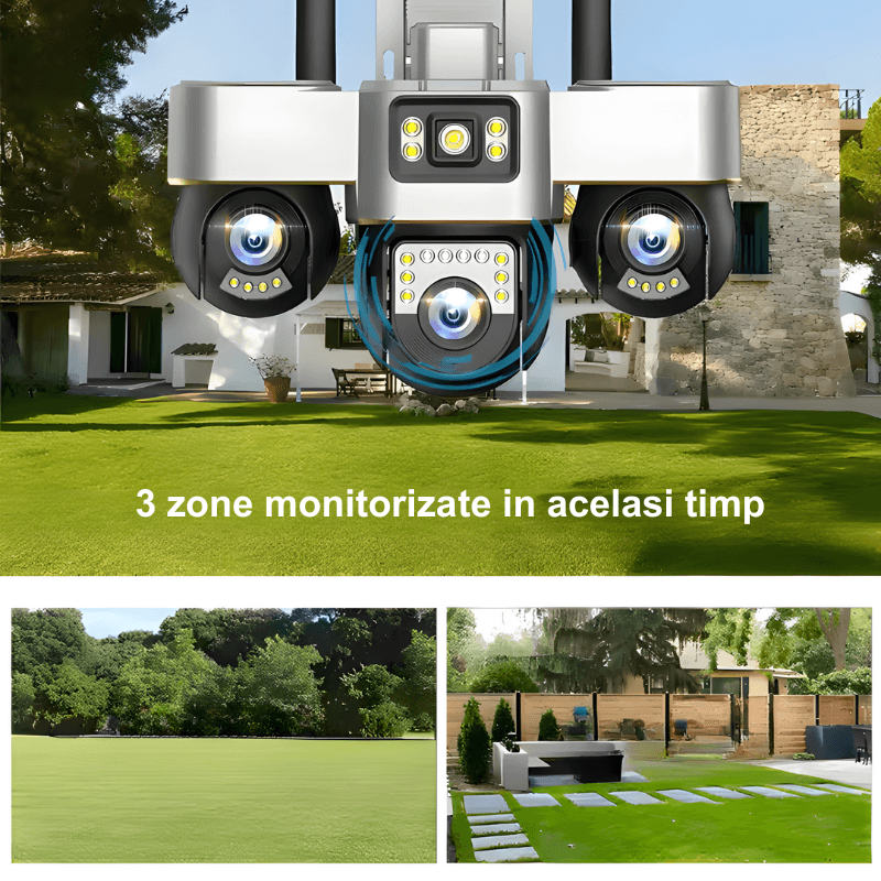 Casa si Gradina - Electrice - Smart Home - Camere de supraveghere - Camera de supraveghere tripla MaGeCa cu panou solar, Cartela SIM, 4G, 18MP Full HD, 3 zone supravegheate simultan - Infinity.ro