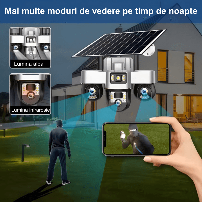 Casa si Gradina - Electrice - Smart Home - Camere de supraveghere - Camera de supraveghere tripla MaGeCa cu panou solar, Cartela SIM, 4G, 18MP Full HD, 3 zone supravegheate simultan - Infinity.ro