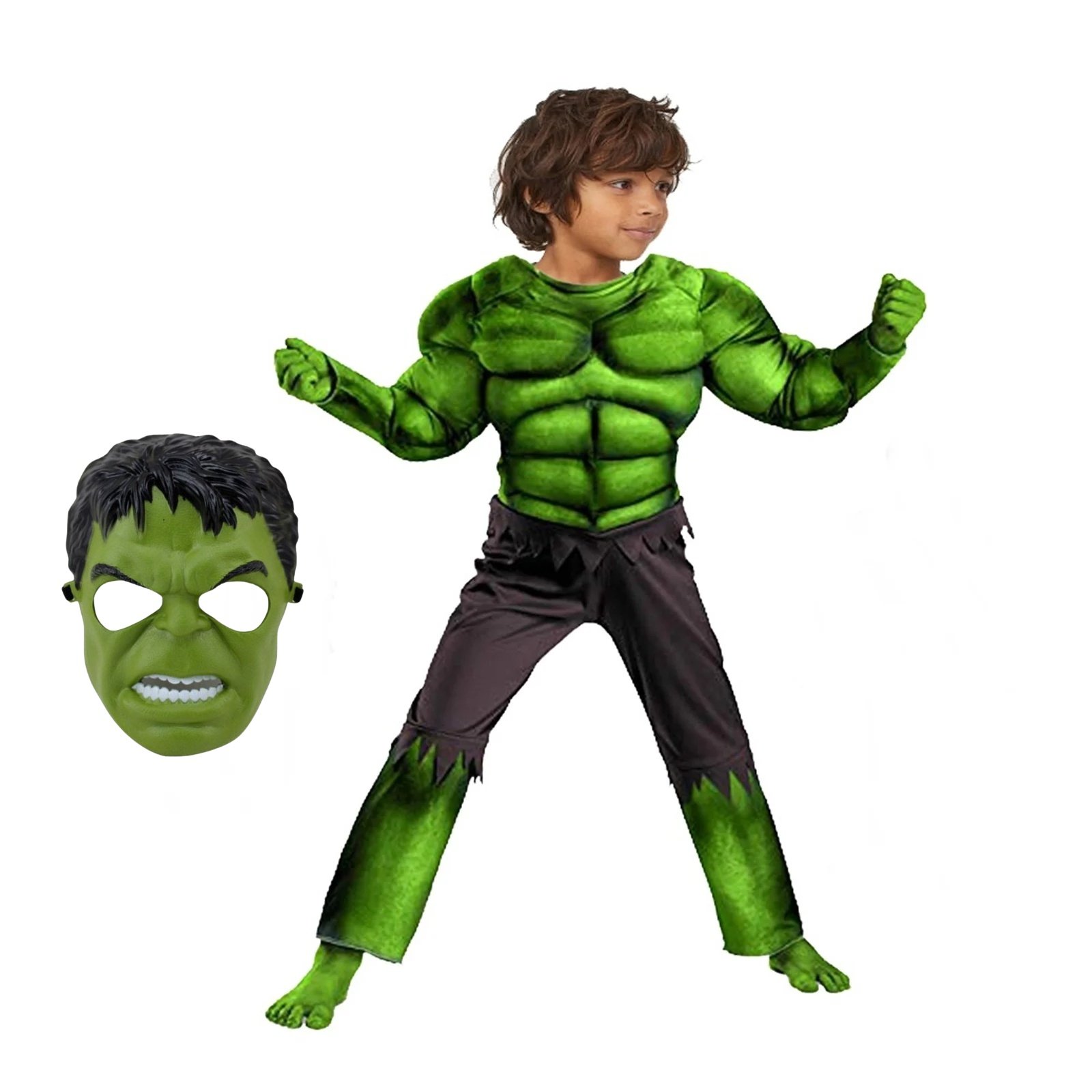Costum Hulk clasic KidMania® cu muschi pentru baieti 100-110 cm 4-5 ani