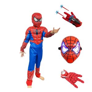 Costum Spider-Man KidMania® cu muschi, masca cu lumini si doua manusi lansator cu ventuze pentru copii 3-5 ani 90-110 cm