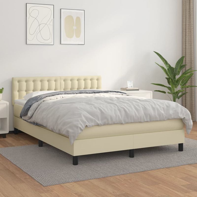 Casa si Gradina - Mobilier - Paturi si accesorii - Paturi - Pat box spring cu saltea, crem, 140x190 cm, piele ecologica - Infinity.ro