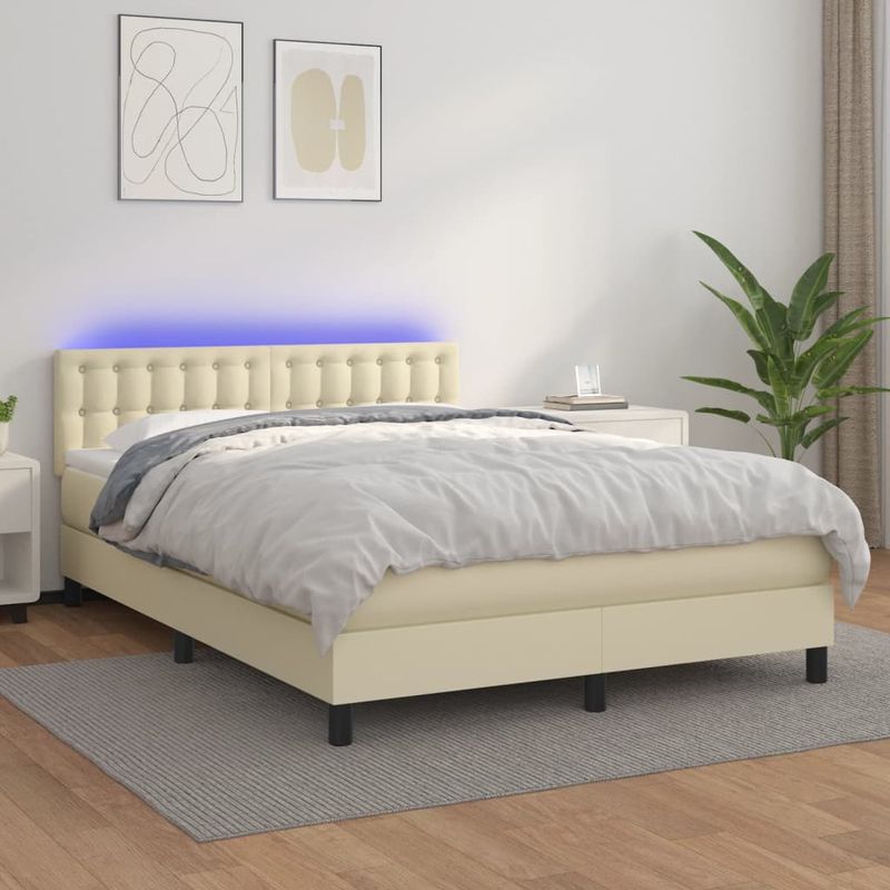 Casa si Gradina - Mobilier - Paturi si accesorii - Paturi - Pat cu arcuri, cu saltea & LED, crem, 140x190 cm, piele eco - Infinity.ro