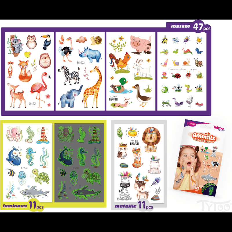 Ingrijire personala si Cosmetice - Ingrijire personala - Ingrijire corp - Tatuaje temporare - Set 69 tatuaje temporare tip autocolante, animale - Infinity.ro