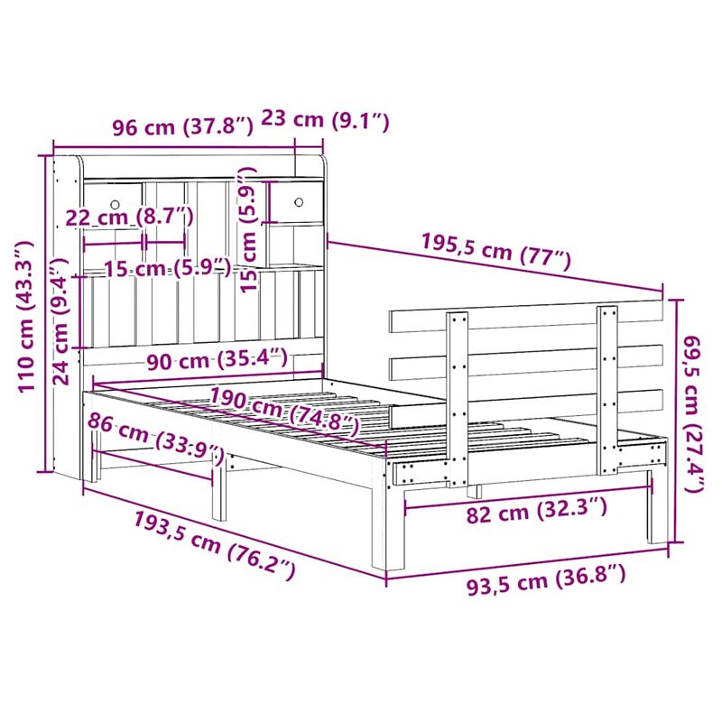 Casa si Gradina - Mobilier - Paturi si accesorii - Paturi - Pat cu biblioteca fara saltea, 90x190 cm, lemn masiv de pin - Infinity.ro