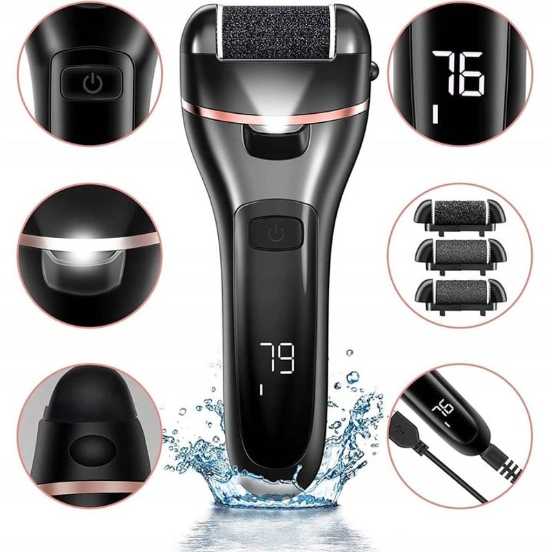 Ingrijire personala si Cosmetice - Aparate & accesorii ingrijire personala - Aparate cosmetice - Aparate pentru manichiura-pedichiura - Set Pila electrica pentru talpi si calcaie, Display digital, Acumulator 1200 mAh, 2viteze, 2400rot/min, 6 Capete incluse - Infinity.ro