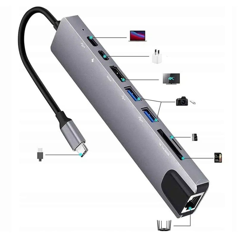 PC, gaming si accesorii - Retelistica - Hub-uri - Adaptor Hub USB Type-C 3.1 Multiport 8 in 1 la HDMI 4K, LAN RJ45 Ethernet, 1 x USB Type-C, 2x USB-A,PD 87W Charging Port - Infinity.ro