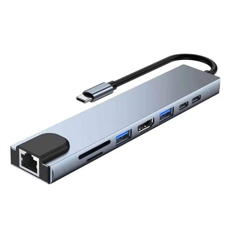 PC, gaming si accesorii - Retelistica - Hub-uri - Adaptor Hub USB Type-C 3.1 Multiport 8 in 1 la HDMI 4K, LAN RJ45 Ethernet, 1 x USB Type-C, 2x USB-A,PD 87W Charging Port - Infinity.ro