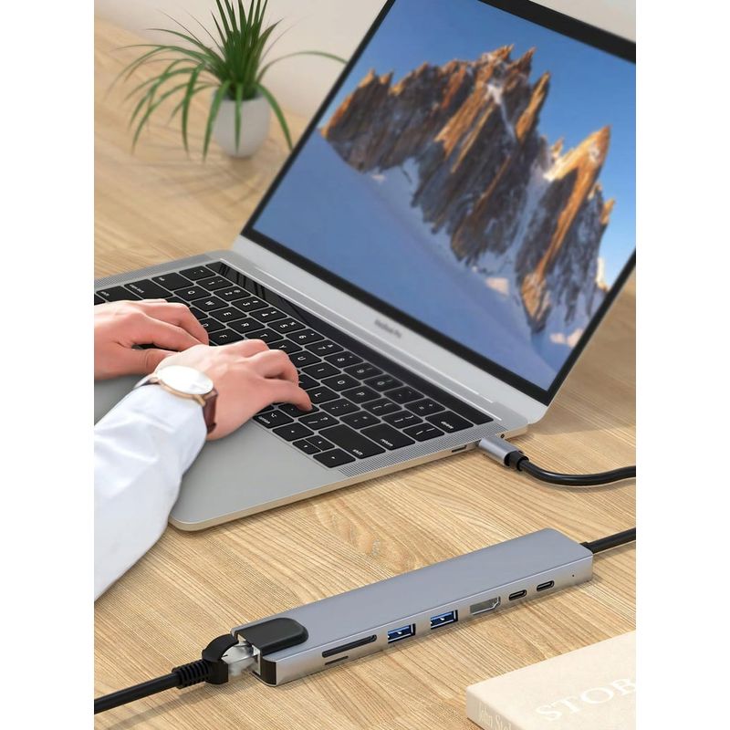 PC, gaming si accesorii - Retelistica - Hub-uri - Adaptor Hub USB Type-C 3.1 Multiport 8 in 1 la HDMI 4K, LAN RJ45 Ethernet, 1 x USB Type-C, 2x USB-A,PD 87W Charging Port - Infinity.ro