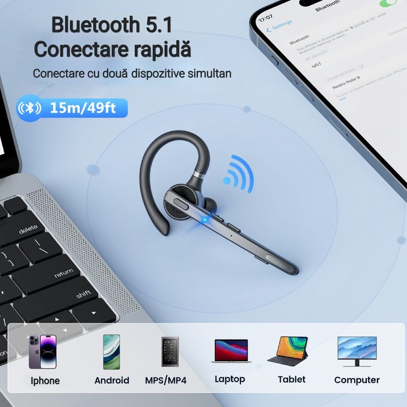 TV, Audio-Video si Foto - Portabile audio - Casti audio - Casca Bluetooth Wireless NewEvo, Baterie 60 ore 500mAH, Cu microfon dublu de reducere a zgomotului CVC 8.0 - Infinity.ro