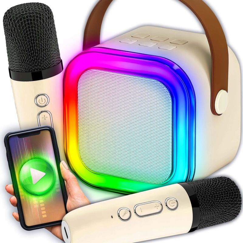 TV, Audio-Video si Foto - Portabile audio - Boxe portabile - Set Boxa Bluetooth 5.3 Karaoke Cu 2 Microfoane Wireless, Pentru Adulti si Copii Lumini RGB, 4Efecte Vocale, MicroSD Card - Infinity.ro