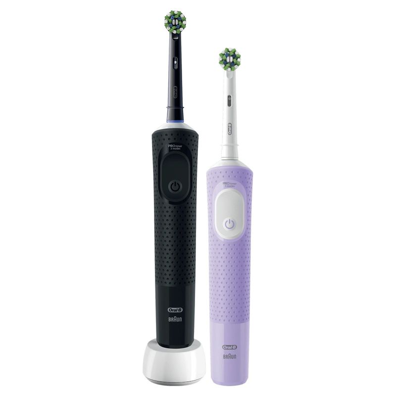 Ingrijire personala si Cosmetice - Igiena dentara - Periute de dinti electrice - Set 2 x Periuta de dinti electrica Oral-B Vitality Pro, Curatare 2D, 3 programe, 1 Incarcator, 2 Capete, Negru/Violet - Infinity.ro
