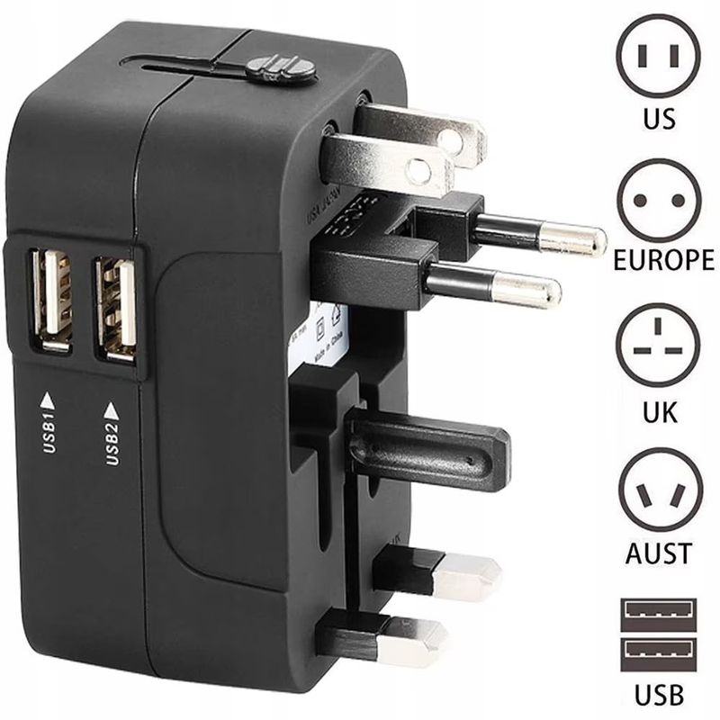 Casa si Gradina - Electrice - Accesorii electrice - Accesorii prize si intrerupatoare - Adaptor incarcator universal de calatorie cu 2xUSB pentru EU, USA, UK, AUST, Negru - Infinity.ro